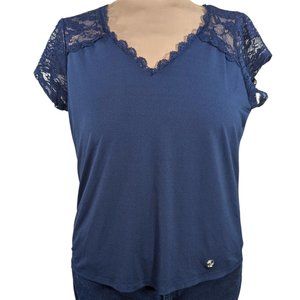 Adrienne Vittadini Large Navy Blue Short Sleeve Stretch Lace Shoulder Shirt